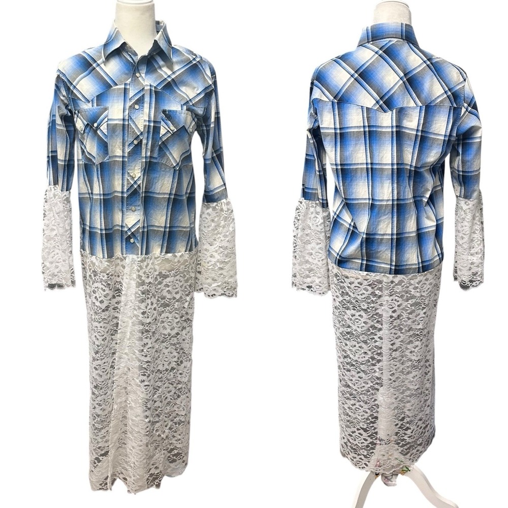 Wrangler Pearl Snap Western Button Up Shirt Dress Womens Size‎ S Plaid Lace Midi